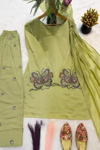 Women's light olive ethnic suit with embroidered sleeves