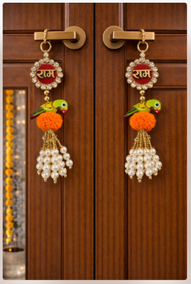 handcrafted ram naam parrot pearl tassel hanging for festive home decoration pack of 2 2