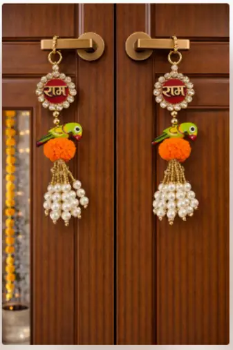 handcrafted ram naam parrot pearl tassel hanging for festive home decoration pack of 2