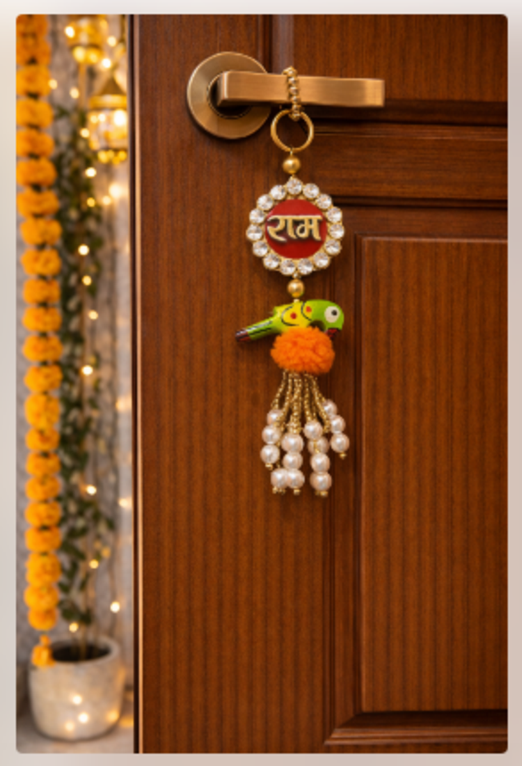 handcrafted ram naam parrot pearl tassel hanging for festive home decoration pack of 2