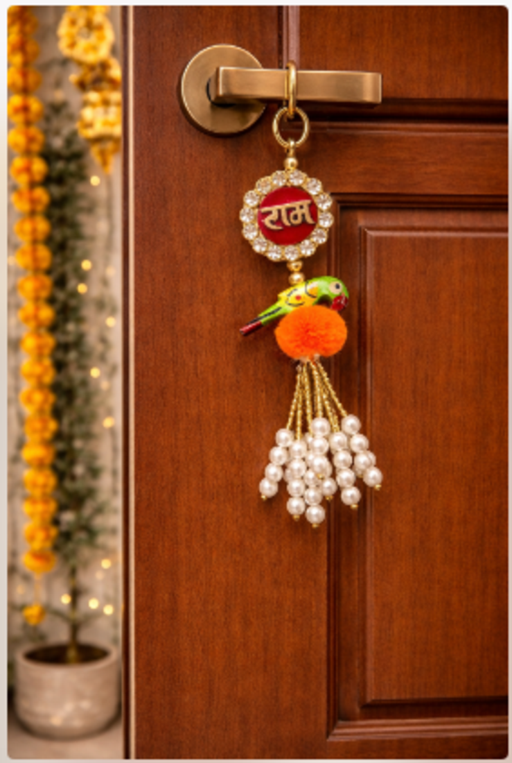 handcrafted ram naam parrot pearl tassel hanging for festive home decoration pack of 2