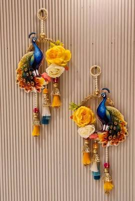 handmade peacock floral decorative hanging with tassels and artificial flowers pack of 2 1