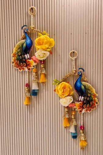 handmade peacock floral decorative hanging with tassels and artificial flowers pack of 2