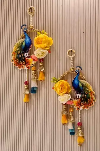 handmade peacock floral decorative hanging with tassels and artificial flowers pack of 2