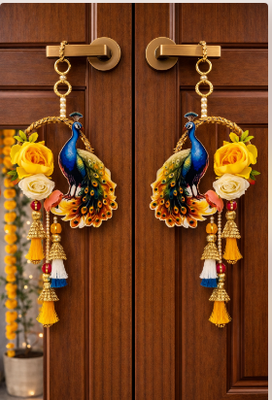 handmade peacock floral decorative hanging with tassels and artificial flowers pack of 2 2