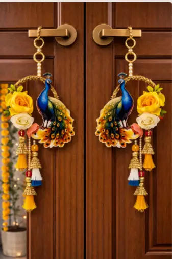 handmade peacock floral decorative hanging with tassels and artificial flowers pack of 2