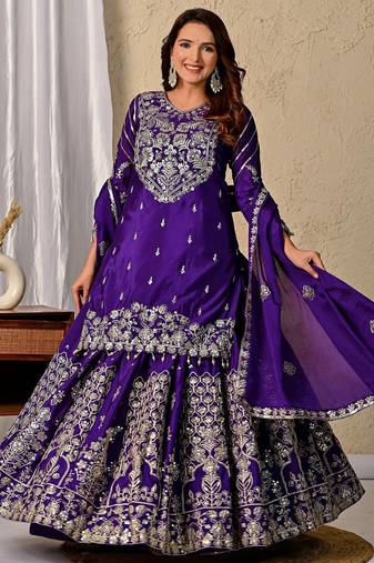 Royal Purple Heavy Embroidered Sahara Suit Set with Matching Dupatta