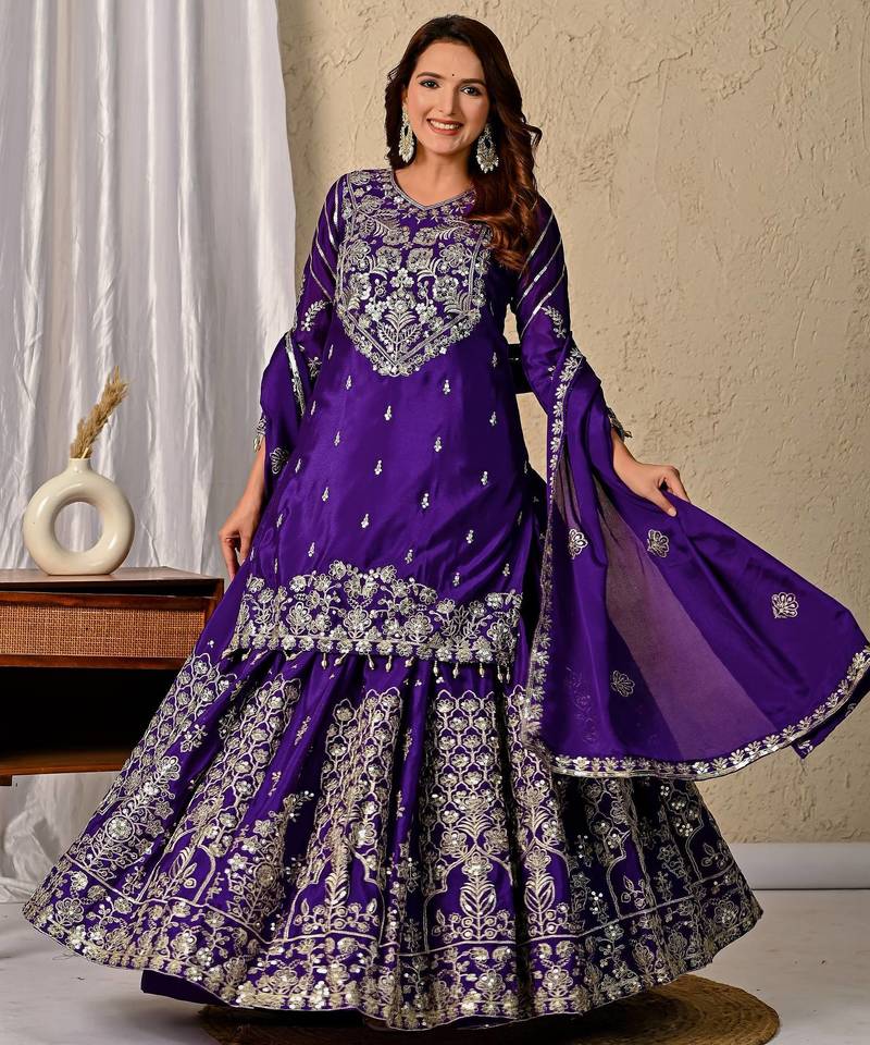 Royal Purple Heavy Embroidered Sahara Suit Set with Matching Dupatta