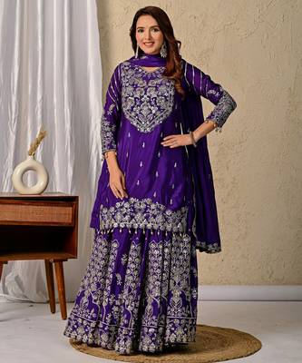 Royal Purple Heavy Embroidered Sahara Suit Set with Matching Dupatta 2