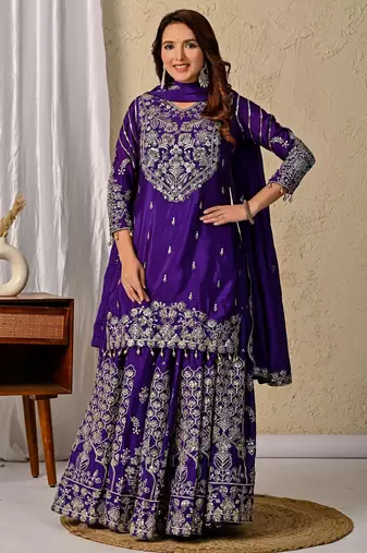 Royal Purple Heavy Embroidered Sahara Suit Set with Matching Dupatta
