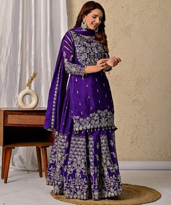 Royal Purple Heavy Embroidered Sahara Suit Set with Matching Dupatta 3