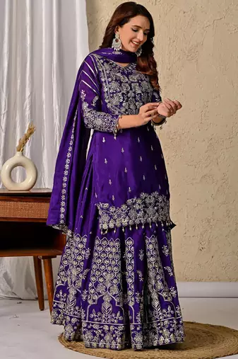 Royal Purple Heavy Embroidered Sahara Suit Set with Matching Dupatta