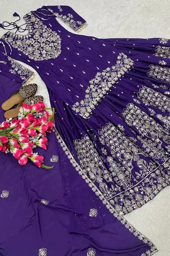 Royal Purple Heavy Embroidered Sahara Suit Set with Matching Dupatta