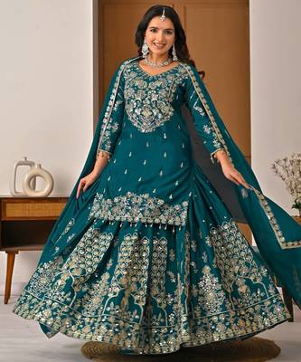 Exquisite Teal Green Heavy Embroidered Sharara Suit with Matching Dupatta 1