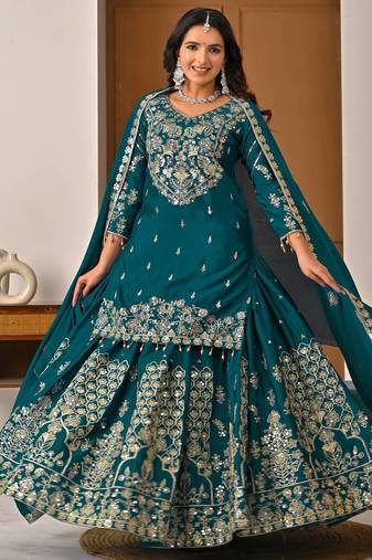  Teal Green Heavy Embroidered Sharara Suit with Matching Dupatta