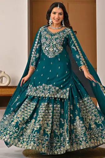 Exquisite Teal Green Heavy Embroidered Sharara Suit with Matching Dupatta