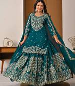 Exquisite Teal Green Heavy Embroidered Sharara Suit with Matching Dupatta