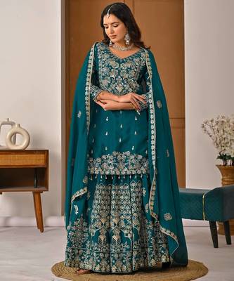 Exquisite Teal Green Heavy Embroidered Sharara Suit with Matching Dupatta 2
