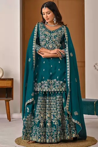 Exquisite Teal Green Heavy Embroidered Sharara Suit with Matching Dupatta