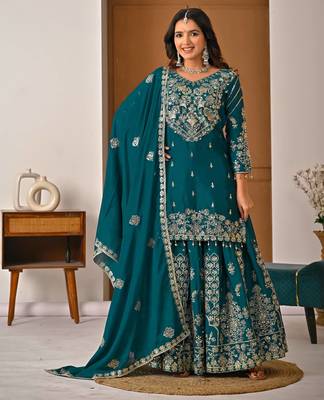 Exquisite Teal Green Heavy Embroidered Sharara Suit with Matching Dupatta 3