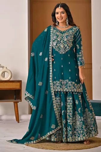 Exquisite Teal Green Heavy Embroidered Sharara Suit with Matching Dupatta