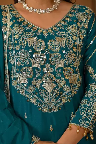 Exquisite Teal Green Heavy Embroidered Sharara Suit with Matching Dupatta