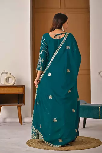 Exquisite Teal Green Heavy Embroidered Sharara Suit with Matching Dupatta