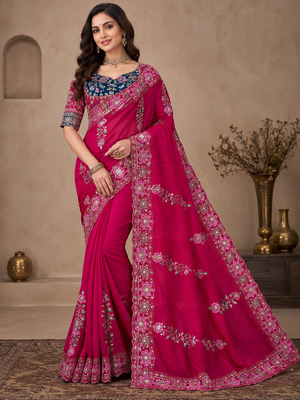 Rani Pink Color Beautiful Embroidery Dual Sequences And Coding Work With Multi Threads Work Satin Silk Blend Saree 1