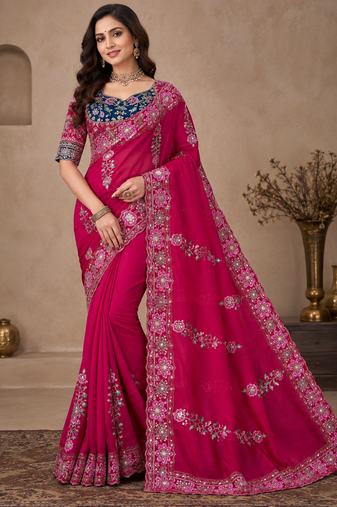 Rani Pink Color Beautiful Embroidery Dual Sequences And Coding Work With Multi Threads Work Satin Silk Blend Saree