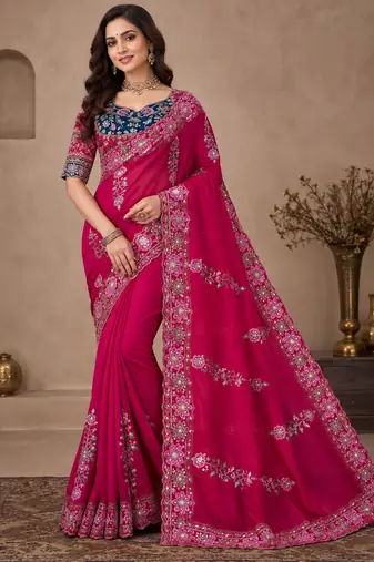 Rani Pink Color Beautiful Embroidery Dual Sequences And Coding Work With Multi Threads Work Satin Silk Blend Saree