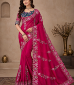 Rani Pink Color Beautiful Embroidery Dual Sequences And Coding Work With Multi Threads Work Satin Silk Blend Saree