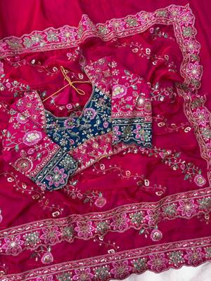 Rani Pink Color Beautiful Embroidery Dual Sequences And Coding Work With Multi Threads Work Satin Silk Blend Saree 2