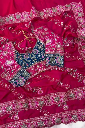 Rani Pink Color Beautiful Embroidery Dual Sequences And Coding Work With Multi Threads Work Satin Silk Blend Saree