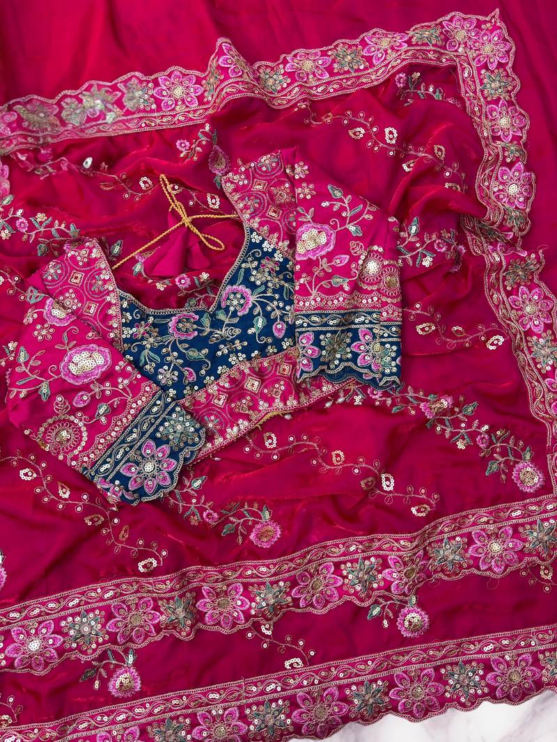 Rani Pink Color Beautiful Embroidery Dual Sequences And Coding Work With Multi Threads Work Satin Silk Blend Saree