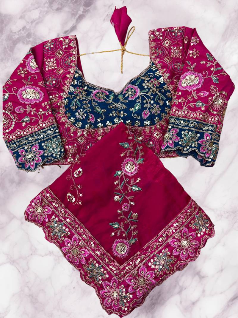 Rani Pink Color Beautiful Embroidery Dual Sequences And Coding Work With Multi Threads Work Satin Silk Blend Saree