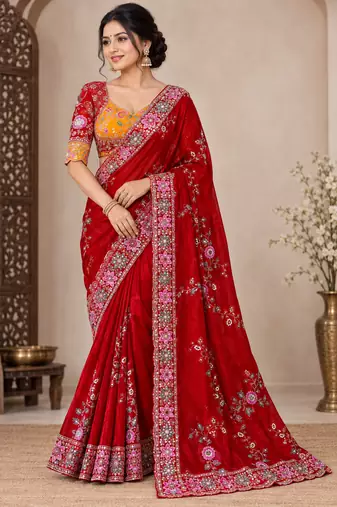 Red Color Beautiful Embroidery Dual Sequences And Coding Work With Multi Threads Work Satin Silk Blend Saree