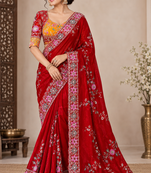 Red Color Beautiful Embroidery Dual Sequences And Coding Work With Multi Threads Work Satin Silk Blend Saree