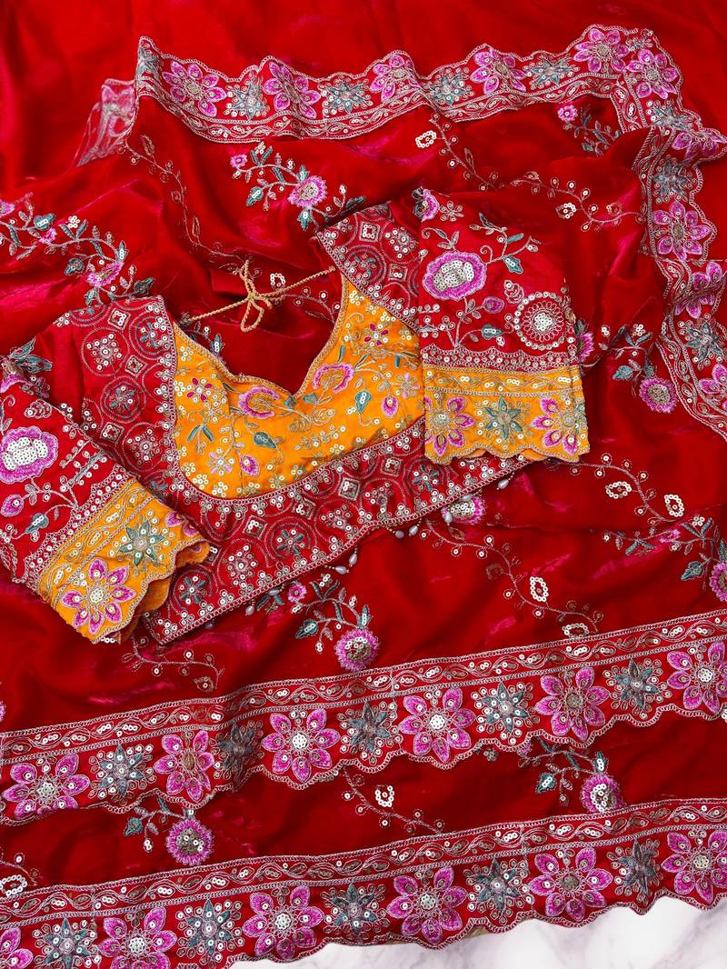 Red Color Beautiful Embroidery Dual Sequences And Coding Work With Multi Threads Work Satin Silk Blend Saree