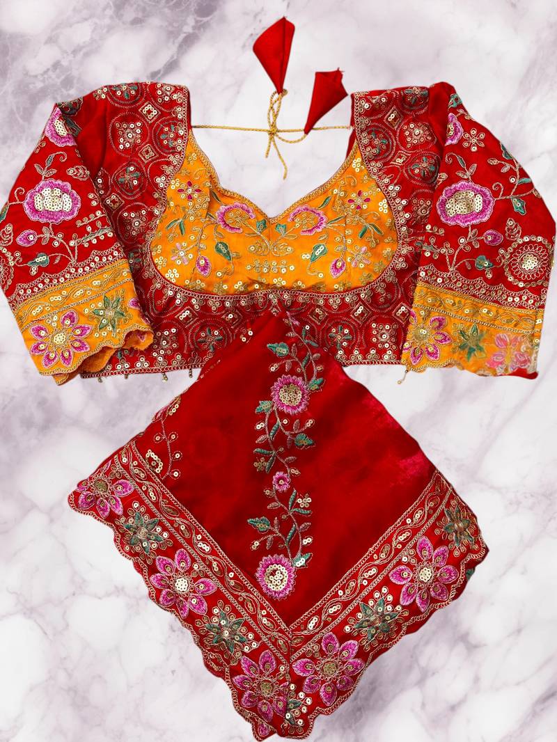 Red Color Beautiful Embroidery Dual Sequences And Coding Work With Multi Threads Work Satin Silk Blend Saree
