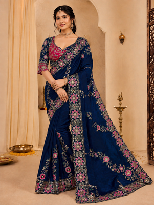 Teal Color Beautiful Embroidery Dual Sequences And Coding Work With Multi Threads Work Satin Silk Blend Saree 1