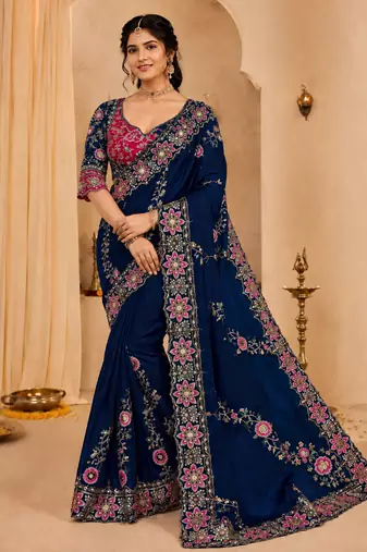 Teal Color Beautiful Embroidery Dual Sequences And Coding Work With Multi Threads Work Satin Silk Blend Saree
