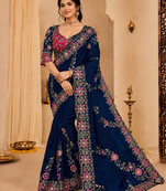 Teal Color Beautiful Embroidery Dual Sequences And Coding Work With Multi Threads Work Satin Silk Blend Saree