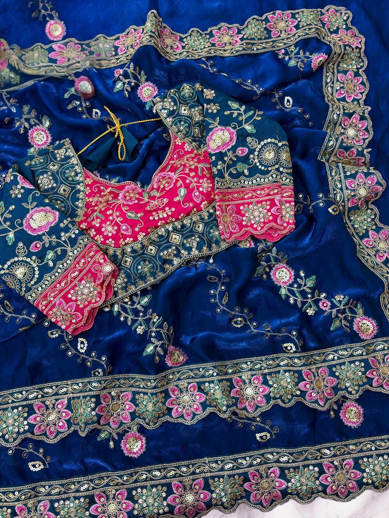 Teal Color Beautiful Embroidery Dual Sequences And Coding Work With Multi Threads Work Satin Silk Blend Saree