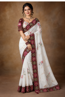 White Color Beautiful Embroidery Dual Sequences And Coding Work With Multi Threads Work Satin Silk Blend Saree 1