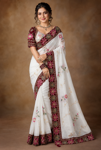 White Color Beautiful Embroidery Dual Sequences And Coding Work With Multi Threads Work Satin Silk Blend Saree
