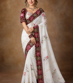 White Color Beautiful Embroidery Dual Sequences And Coding Work With Multi Threads Work Satin Silk Blend Saree