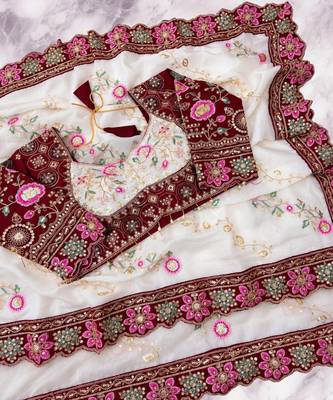 White Color Beautiful Embroidery Dual Sequences And Coding Work With Multi Threads Work Satin Silk Blend Saree 2
