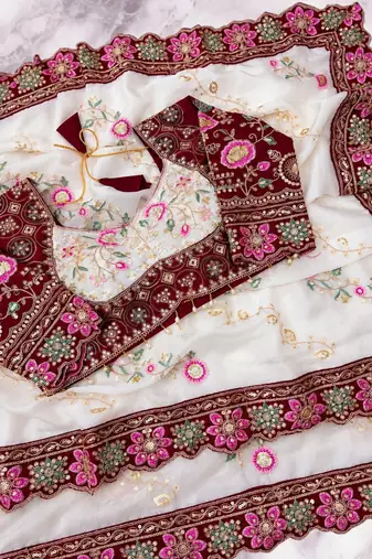White Color Beautiful Embroidery Dual Sequences And Coding Work With Multi Threads Work Satin Silk Blend Saree