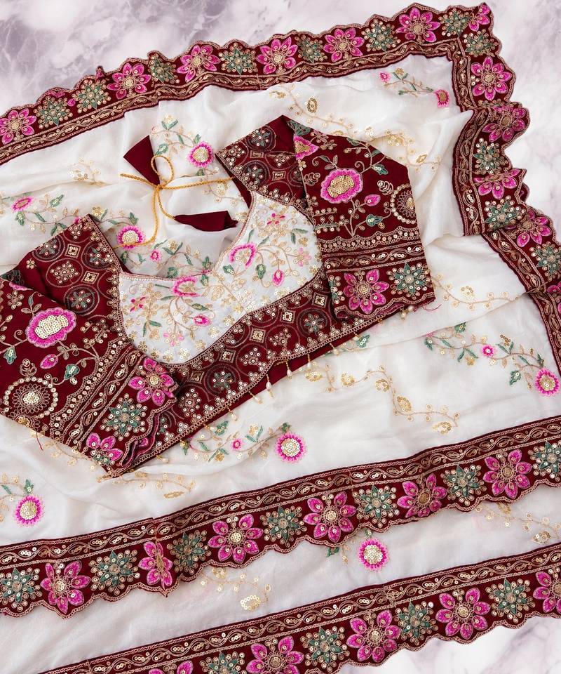 White Color Beautiful Embroidery Dual Sequences And Coding Work With Multi Threads Work Satin Silk Blend Saree