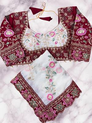 White Color Beautiful Embroidery Dual Sequences And Coding Work With Multi Threads Work Satin Silk Blend Saree 3
